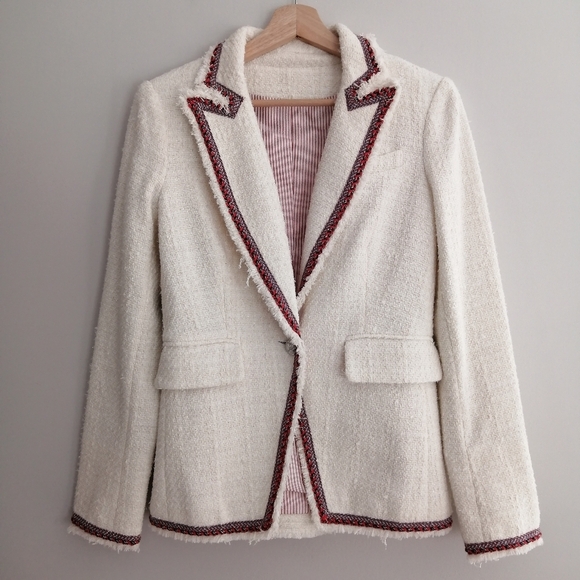 Veronica Beard Raw Edge Cutaway White Tweed Dickey Blazer with Red Trim 0 - Picture 4 of 17